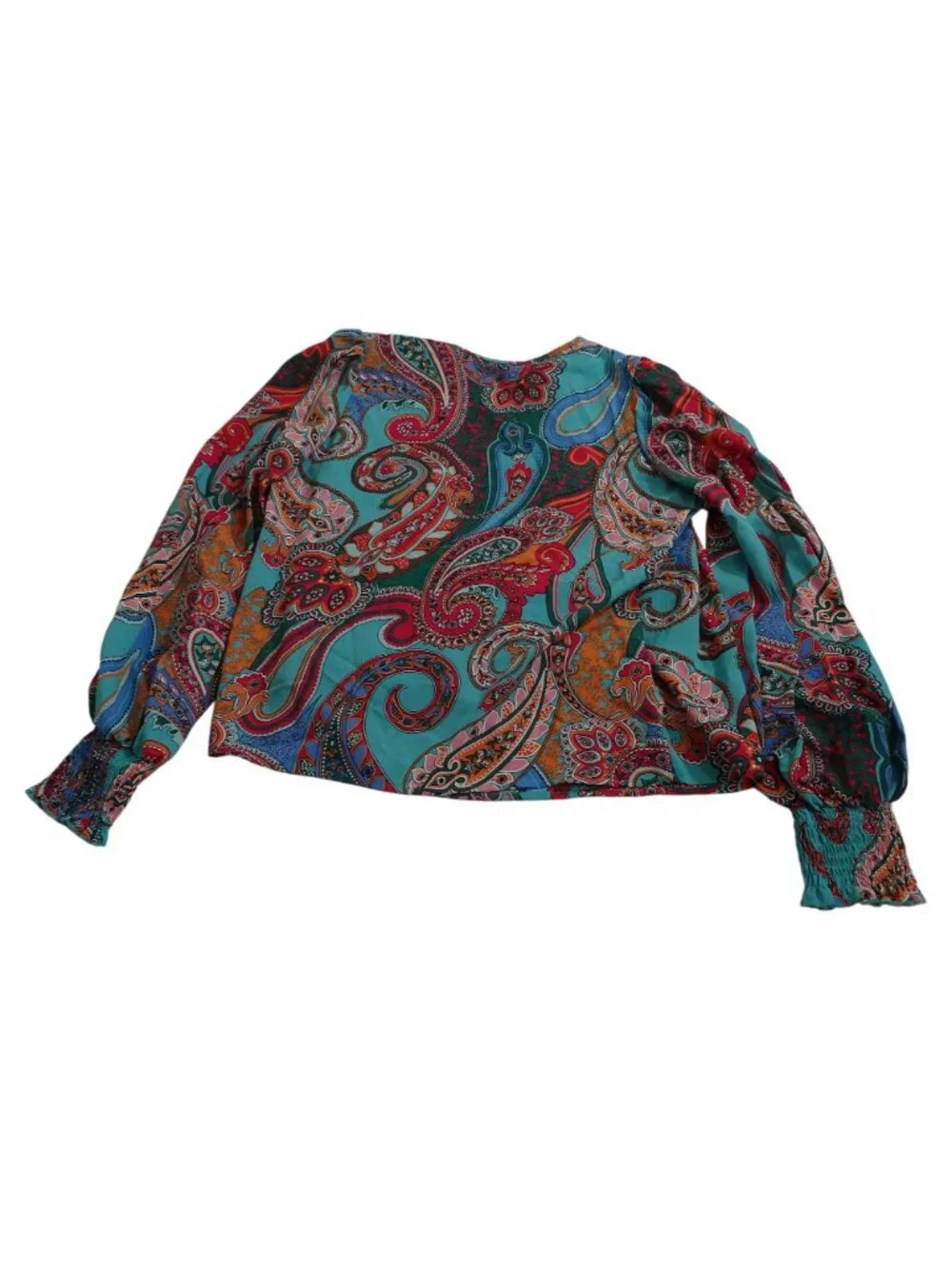 Shein Paisley Long Sleeve Faux Wrap Blouse Women Size M 6 Multicolor Blue Green - Picture 4 of 12